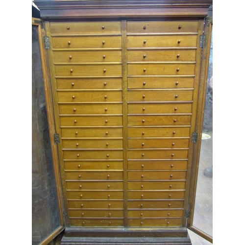 2679 - Good quality oak specimen cabinet with two glazed panelled doors enclosing two towers of eighteen dr... 