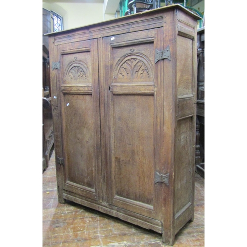 2680 - 18th century oak side cupboard with carved and panelled doors, with butterfly hinges, 100cm x 30cm d... 