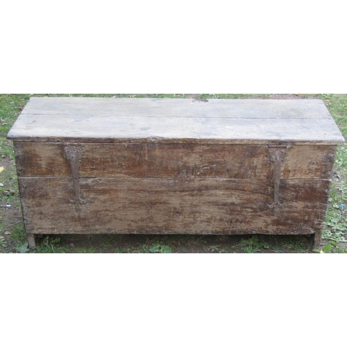 2681 - 17th century boarded coffer dated 1663, initialled I.E.T.T., formerly with two locks, with iron hasp... 