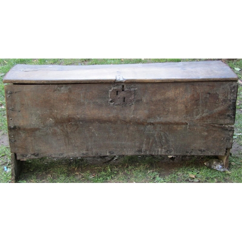 2682 - Very early English oak boarded coffer with iron lock plate, 132cm long x 44cm deep x 64cm high