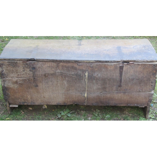 2682 - Very early English oak boarded coffer with iron lock plate, 132cm long x 44cm deep x 64cm high