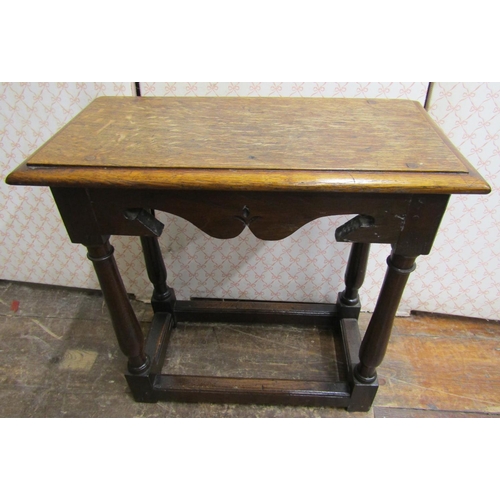 2708 - Antique oak joint stool, with carved frieze raised on turned supports, 50cm long x 50m high