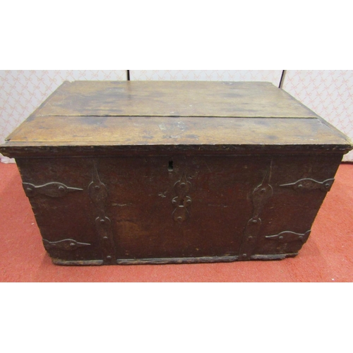 2729 - An early oak and iron bound strong box with carrying handles, 64cm wide x 43cm deep x 33cm high