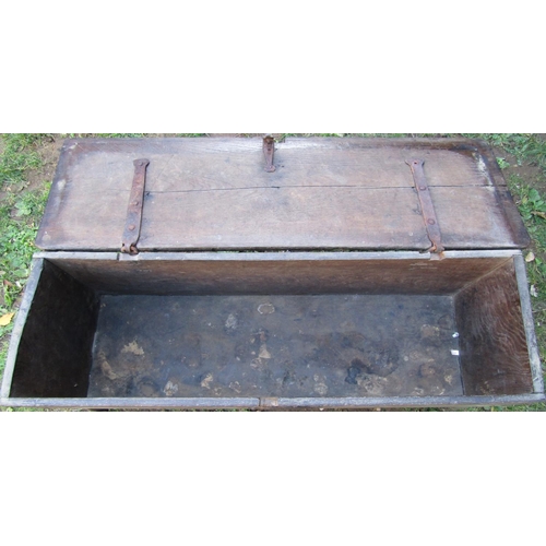 2743 - Early boarded coffer with steel lock plate, 106cm long x 32cm deep x 50cm high