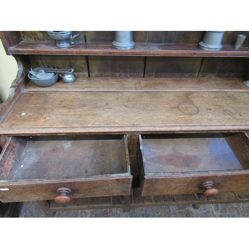 2744 - Georgian oak pot board dresser, with three frieze drawers and plate rack with boarded back and three... 