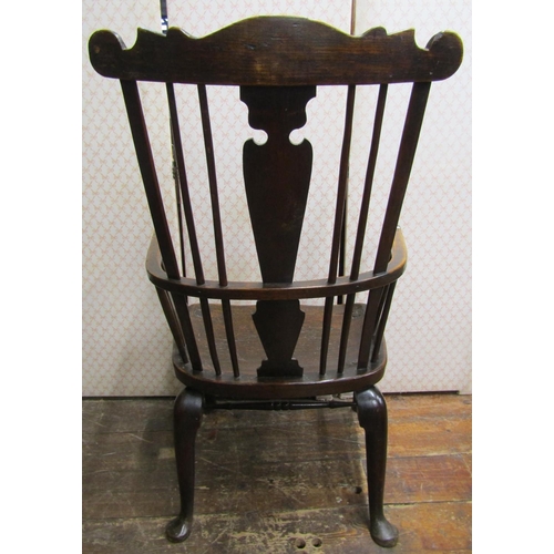 2749 - Very early Windsor elbow chair principally in elm and ash, with four pad feet and central rail beari... 