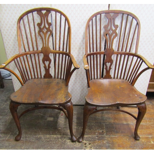 2750 - Pair of Georgian elm and yew wood Windsor elbow chairs with shaped and pierced splats, cabriole fore... 