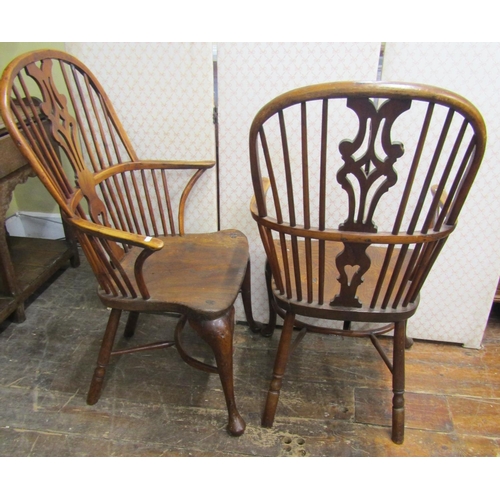 2750 - Pair of Georgian elm and yew wood Windsor elbow chairs with shaped and pierced splats, cabriole fore... 