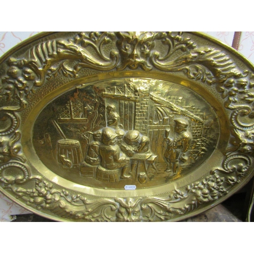 2753 - 19th century brass jam pan, a pressed brass oval wall plaque, lamp standard with heraldic painted de... 