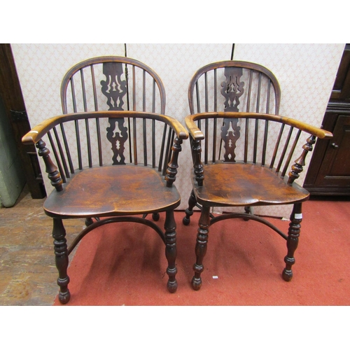 2770 - A pair of Georgian Windsor low comb back elbow chairs in elm and yew wood, with Christmas tree patte... 