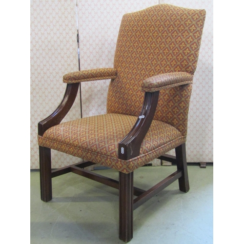 2373 - A reproduction Georgian style open arm chair with repeating floral sprig pattern upholstery, a simil... 