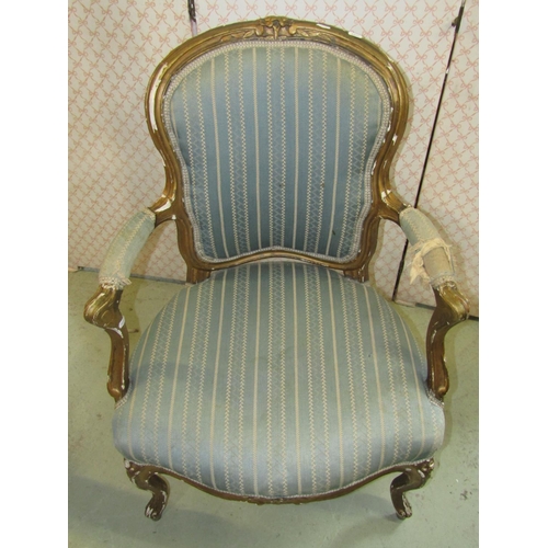 2374 - A 19th century futile/salon chair, upholstered seat, shield shaped panelled back and gilt show wood ... 