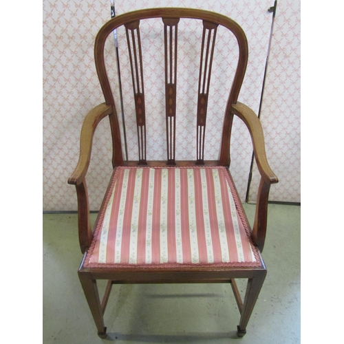 2382 - An inlaid Edwardian open elbow chair with pierced splats, upholstered pad seat and tapered supports,... 