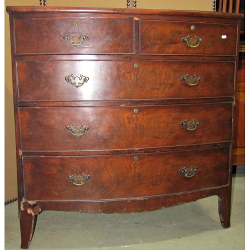 2406 - An early 19th century mahogany bowfronted bedroom chest of two short and three long drawers with sha... 