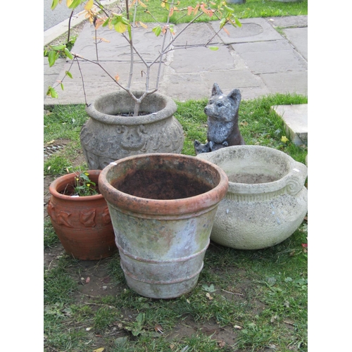 2045 - A weathered cast composition stone Compton style garden urn, one other (planted), 2 terracotta plant... 