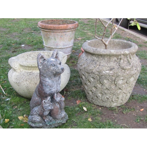 2045 - A weathered cast composition stone Compton style garden urn, one other (planted), 2 terracotta plant... 