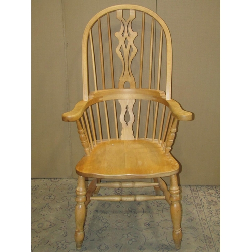 2421 - A modern Windsor beechwood hoop and stick back elbow chair together with a vintage oak sewing/work b... 