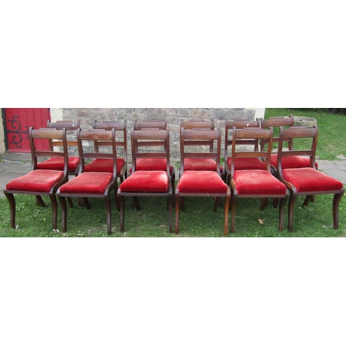 2646 - Set of twelve Regency mahogany bar-back dining chairs with moulded frames, drop in seats, the cresti... 