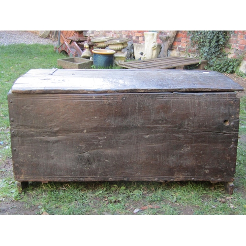 2673 - Very early English oak boarded coffer constructed from six rough hewn planks with simple scratch mou... 