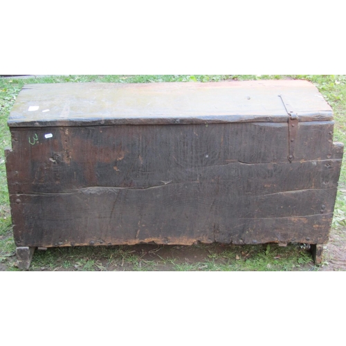 2673 - Very early English oak boarded coffer constructed from six rough hewn planks with simple scratch mou... 