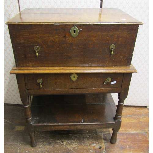 2716 - 18th century oak bible box on original stand, with frieze drawer and undershelf, 60cm wide