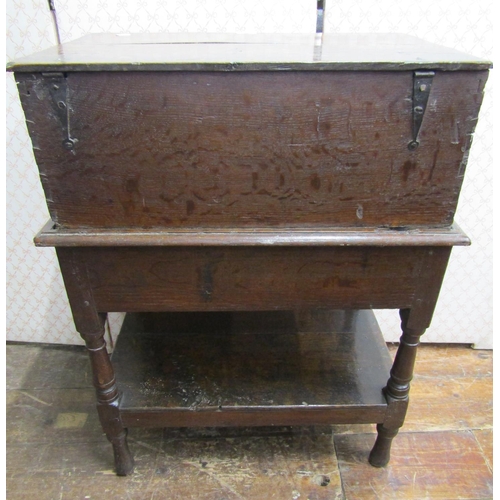 2716 - 18th century oak bible box on original stand, with frieze drawer and undershelf, 60cm wide