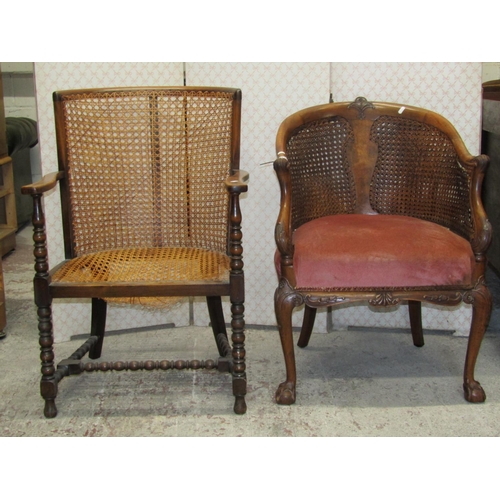 2610 - A pair of 1930s walnut framed tub chair with double Bergere panels and upholstered seat on claw and ... 