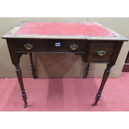 2624 - Edwardian mahogany writing table with faux inset leather top over two frieze drawers  on turned supp... 