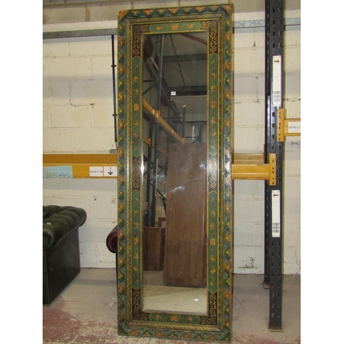 2587 - A large Chinese wall mirror with painted framework and floral panels, 230cm high x 80cm wide