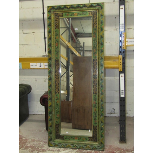 2588 - A Chinese rectangular wall mirror with green lacquered finish ad repeating floral detail, 2m high x ... 