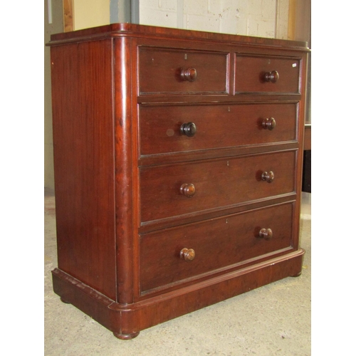 2626 - Victorian plum pudding mahogany bedroom chest of three long and two short oak lined drawers, 106cm W... 