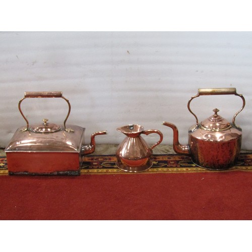 1681 - A collection of 19th century copper and brass ware, including a milk measure, jug, a large  rectangu... 