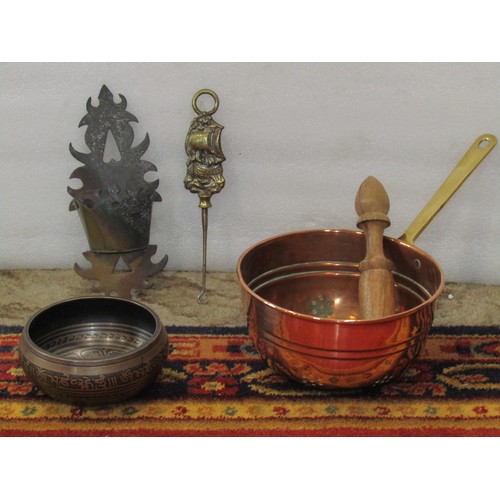 1681 - A collection of 19th century copper and brass ware, including a milk measure, jug, a large  rectangu... 
