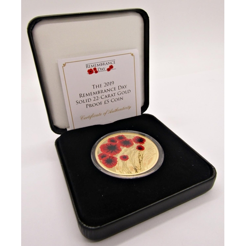 402 - Proof Remembrance Day gold £5 coin Alderney limited to 45, cased