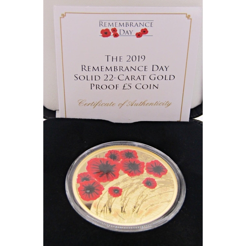 402 - Proof Remembrance Day gold £5 coin Alderney limited to 45, cased