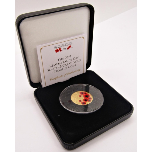 412 - Proof 2019 Remembrance Day £1 coin Alderney, cased