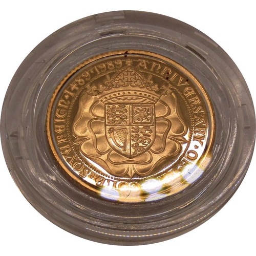 420 - Proof 1989 half sovereign, 500th Anniversary of the First Gold Sovereign number 4186/10,000, cased