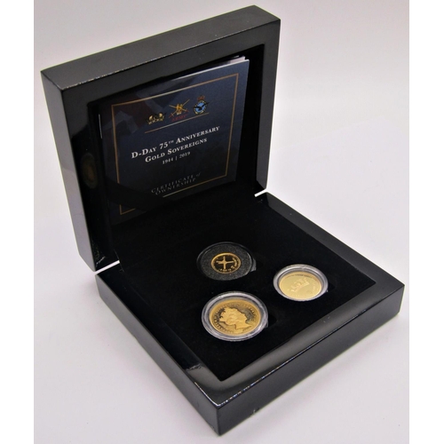 427 - Proof 2019 three coin set D-Day anniversary sovereign and a quarter sovereign, Alderney, cased