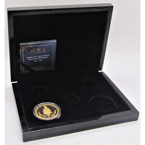 430 - Proof five sovereign piece, 2019 - 75th Anniversary of D-day, cased (four further void spaces)