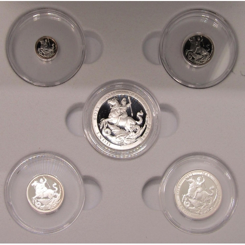 482 - Proof 2019 silver 'sovereign' set of five coins, a five sovereign, a two sovereign, a sovereign, a h... 