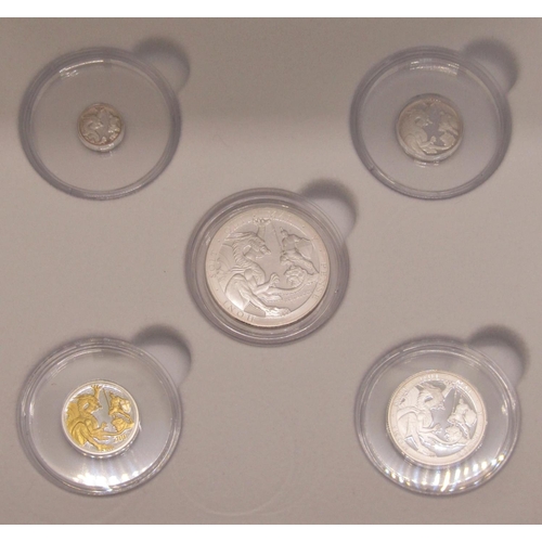 482 - Proof 2019 silver 'sovereign' set of five coins, a five sovereign, a two sovereign, a sovereign, a h... 