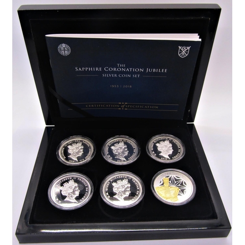 485 - Proof set of six silver crowns 2018, Sapphire Coronation Jubilee coin set, Tristan da Cunha, cased