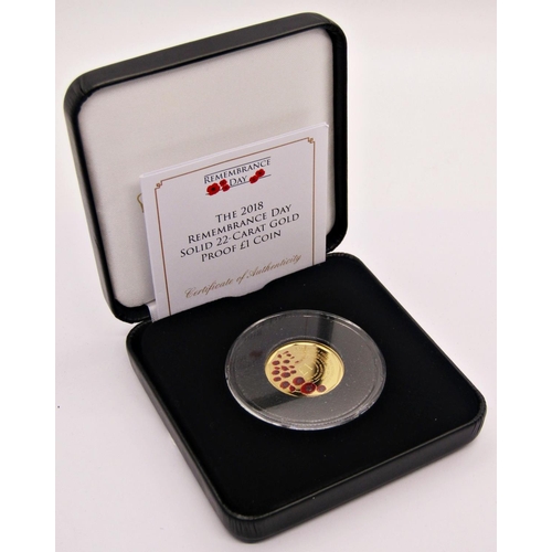 443 - Proof 2018 Remembrance Day £1 coin, Alderney, cased