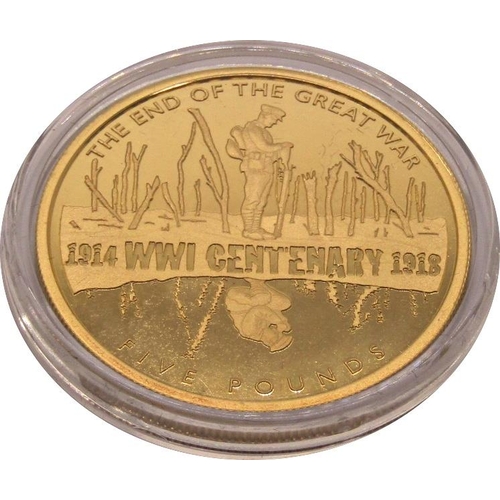 444 - Proof £5 coin - The Centenary of WWI, Alderney, cased