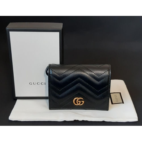 1624 - Marmont Card Case Wallet by Gucci (current style) in soft black leather with antique gold toned meta... 