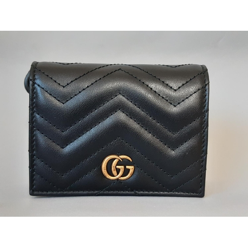 1624 - Marmont Card Case Wallet by Gucci (current style) in soft black leather with antique gold toned meta... 