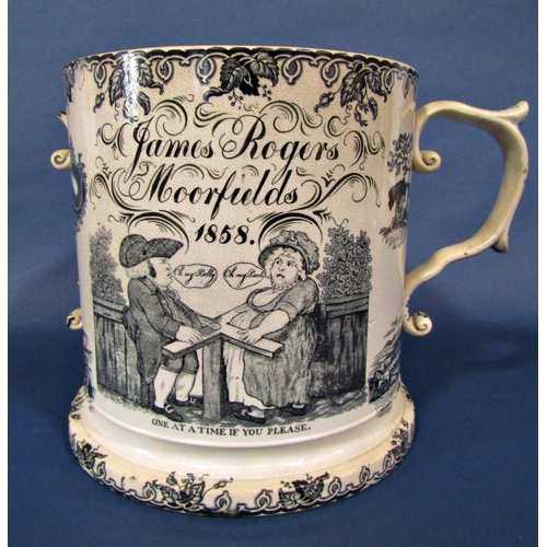 1008 - A large mid-19th century transfer print mug, with monochrome printed detail - James Rogers, Moorfiel... 