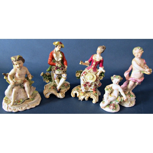 1017 - Five 19th century porcelain cabinet figures with bocage decoration