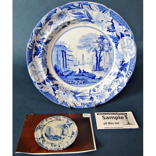 1020 - Three 19th century blue and white transfer ware dinner plates by John Rogers & Sons showing classica... 