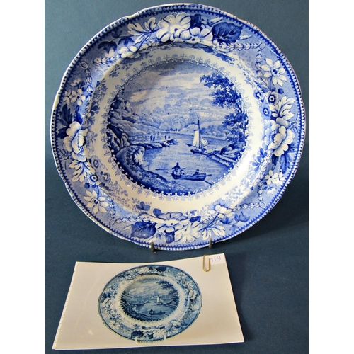 1022 - Three 19th century blue and white transfer ware dishes including a Poultney Bristol Views series pla... 